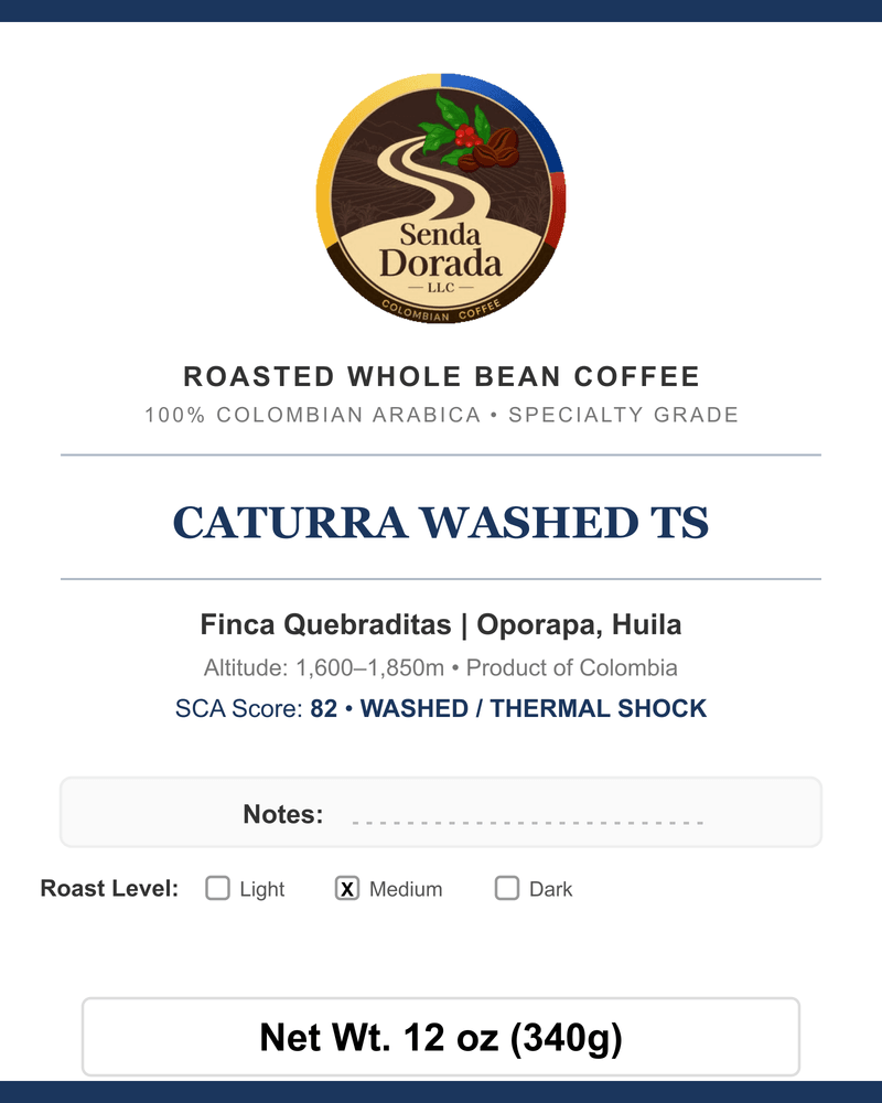 Q01 Caturra Washed TS — Senda Dorada label
