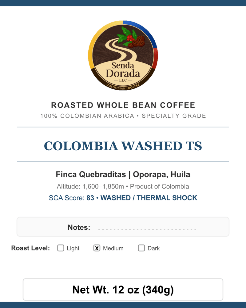 Q03 Colombia Washed TS — Senda Dorada label