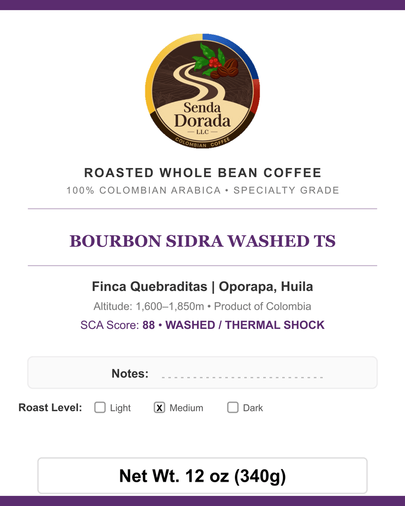 Q05 Bourbon Sidra Washed TS — Senda Dorada label