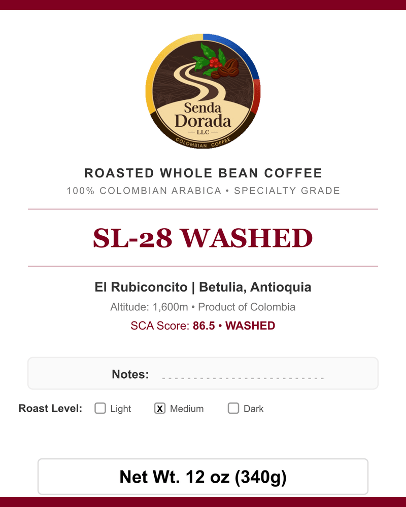 Q08 SL-28 Washed — Senda Dorada label
