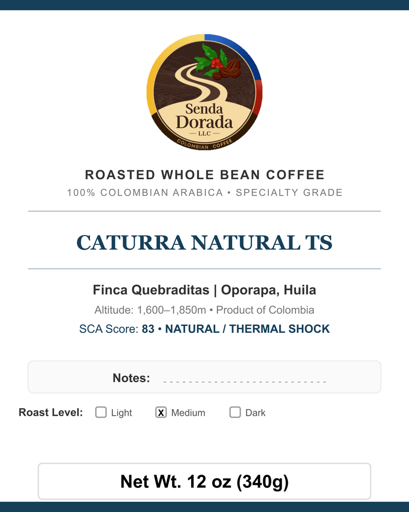 Q10 Caturra Natural TS — Senda Dorada label