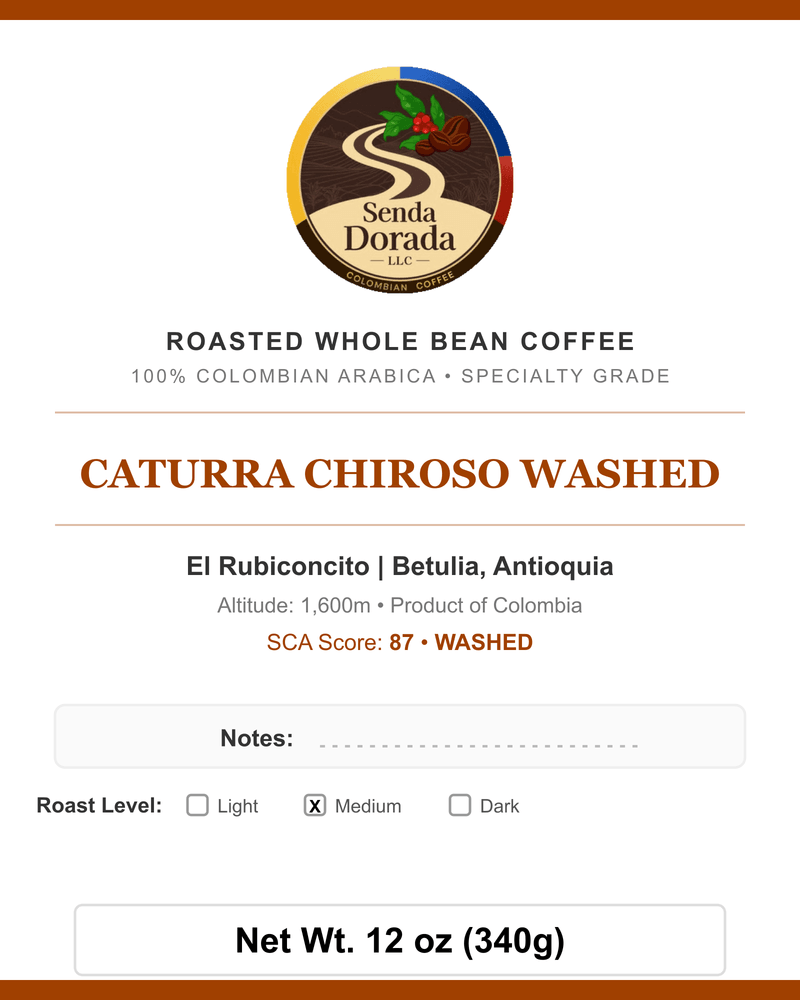 Q11 Caturra Chiroso Washed — Senda Dorada label