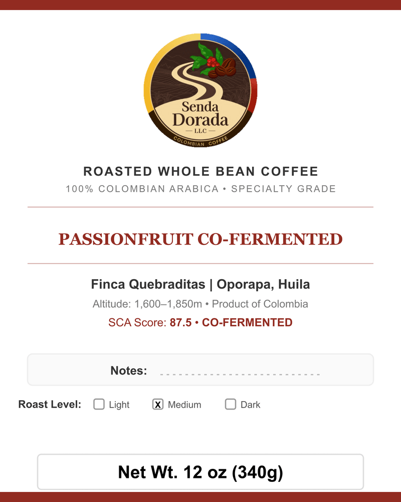 Q15 Passionfruit Co-Fermented — Senda Dorada label