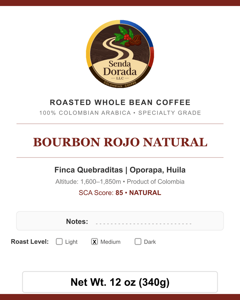 Q19 Bourbon Rojo Natural — Senda Dorada label