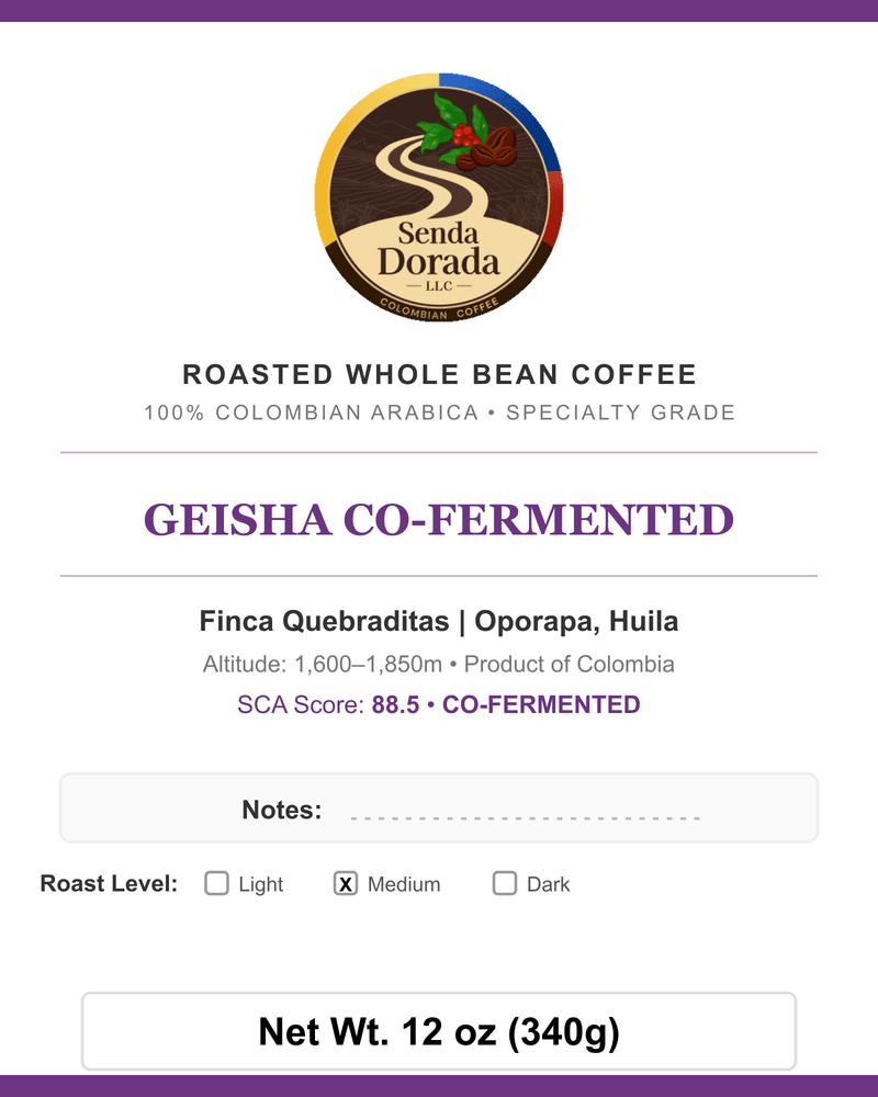 Q24 Geisha Co-Fermented — Senda Dorada label