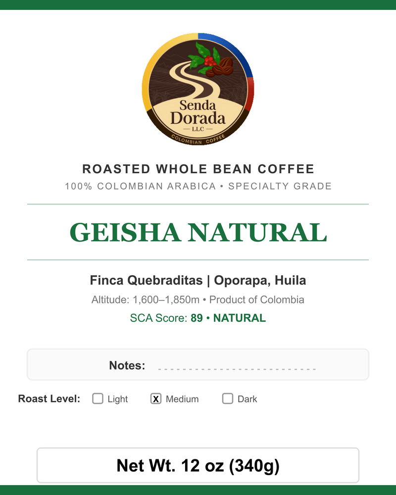 Q26 Geisha Natural — Senda Dorada label