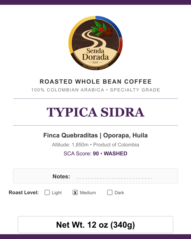 Q27 Typica Sidra — Senda Dorada label