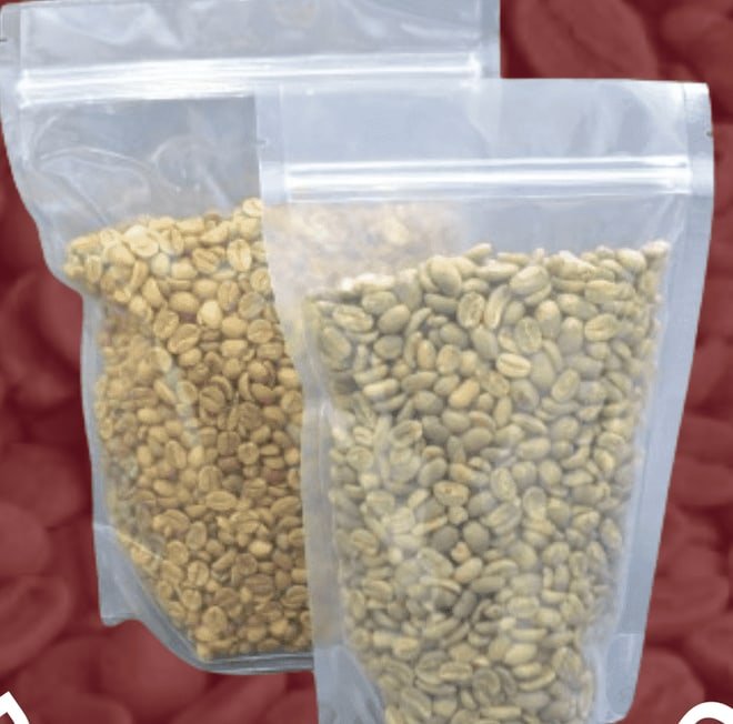 Two sealed bags of Senda Dorada green (unroasted) specialty coffee from Oporapa, Huila